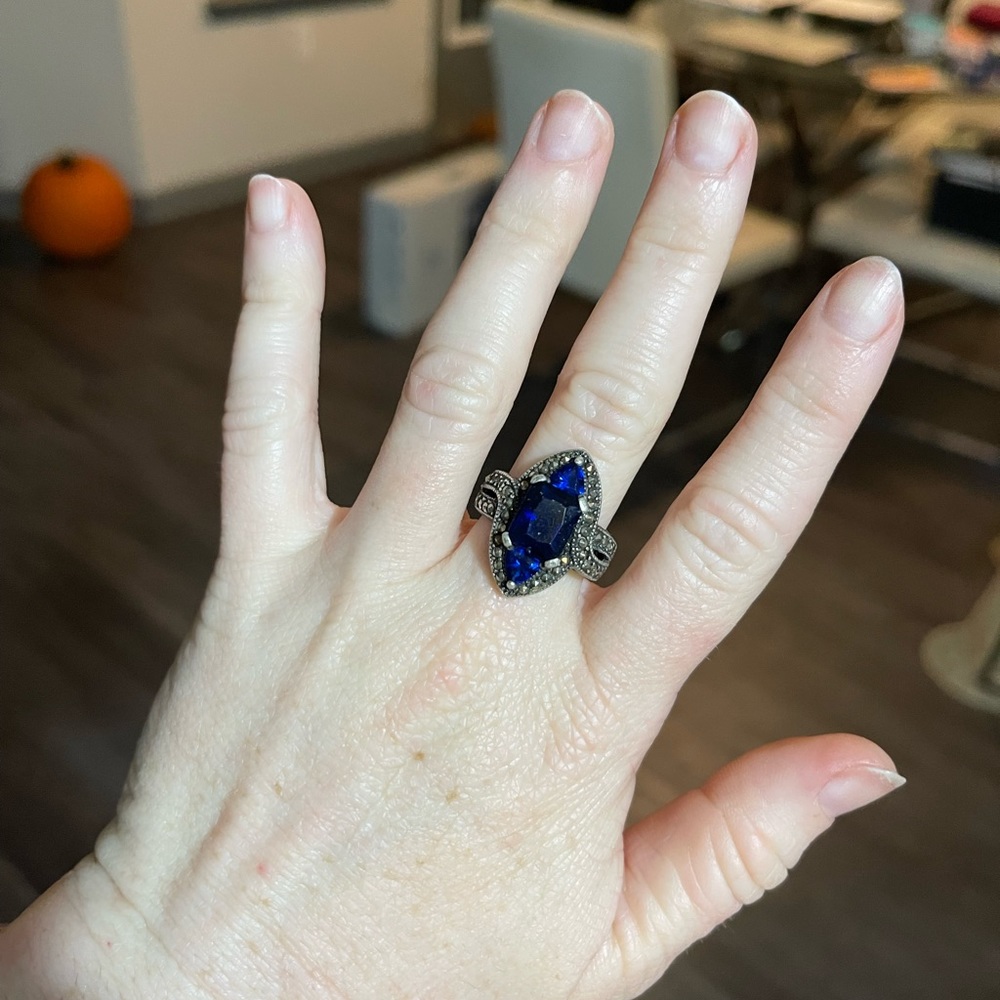 Vintage Sapphire Marcasite 925 Sterling Silver Ring PRETTY - Picture 4 of 9